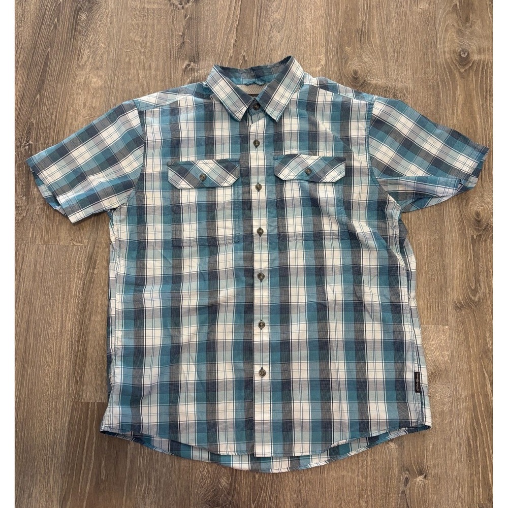 Eddie Bauer Mens Blue Plaid Short‎ Sleeve Button Down Shirt Large Hiking Outdoor